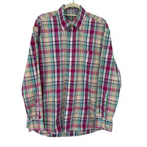 Alan Flusser Mens Plaid Button Down Long Cotton Sleeve Shirt Pink Green Large
